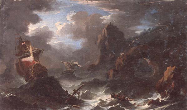 A coastal landscape with shipping in a storm,figures shipwrecked in the foreground